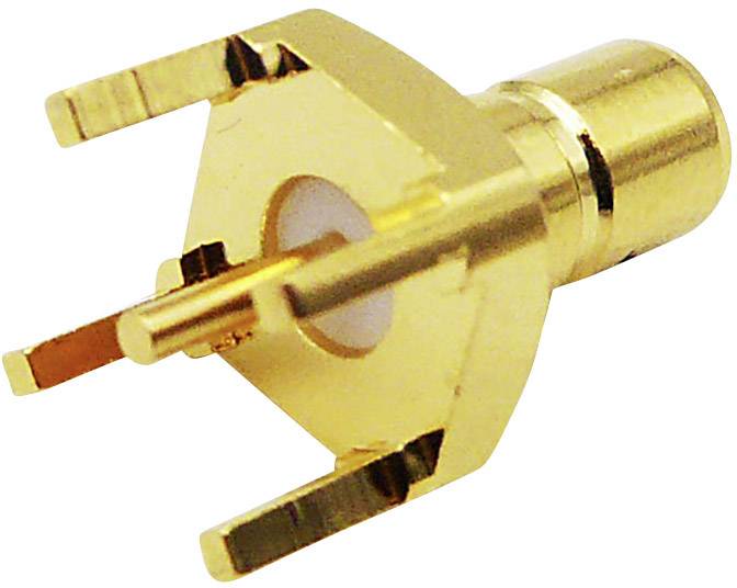 En guldbelagt koaksialstik med hvid isolering og tre formede kontakter, egnet til elektroniske applikationer.