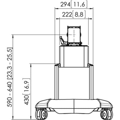 Teknisk tegning af en enhed med mål i millimeter. Højdemål 590-640 mm, bredde øverst 294 mm, bredde et andet sted 222 mm.