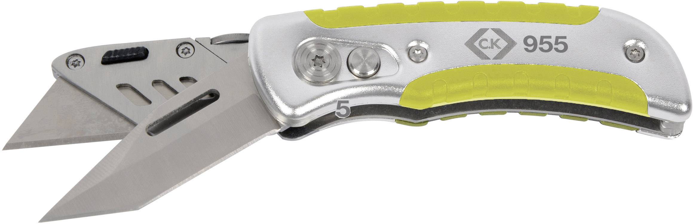Et foldekniv med gult håndtag og udfoldet klinge. Kniven har påskriften "C.K 955" og en sikkerhedslås.