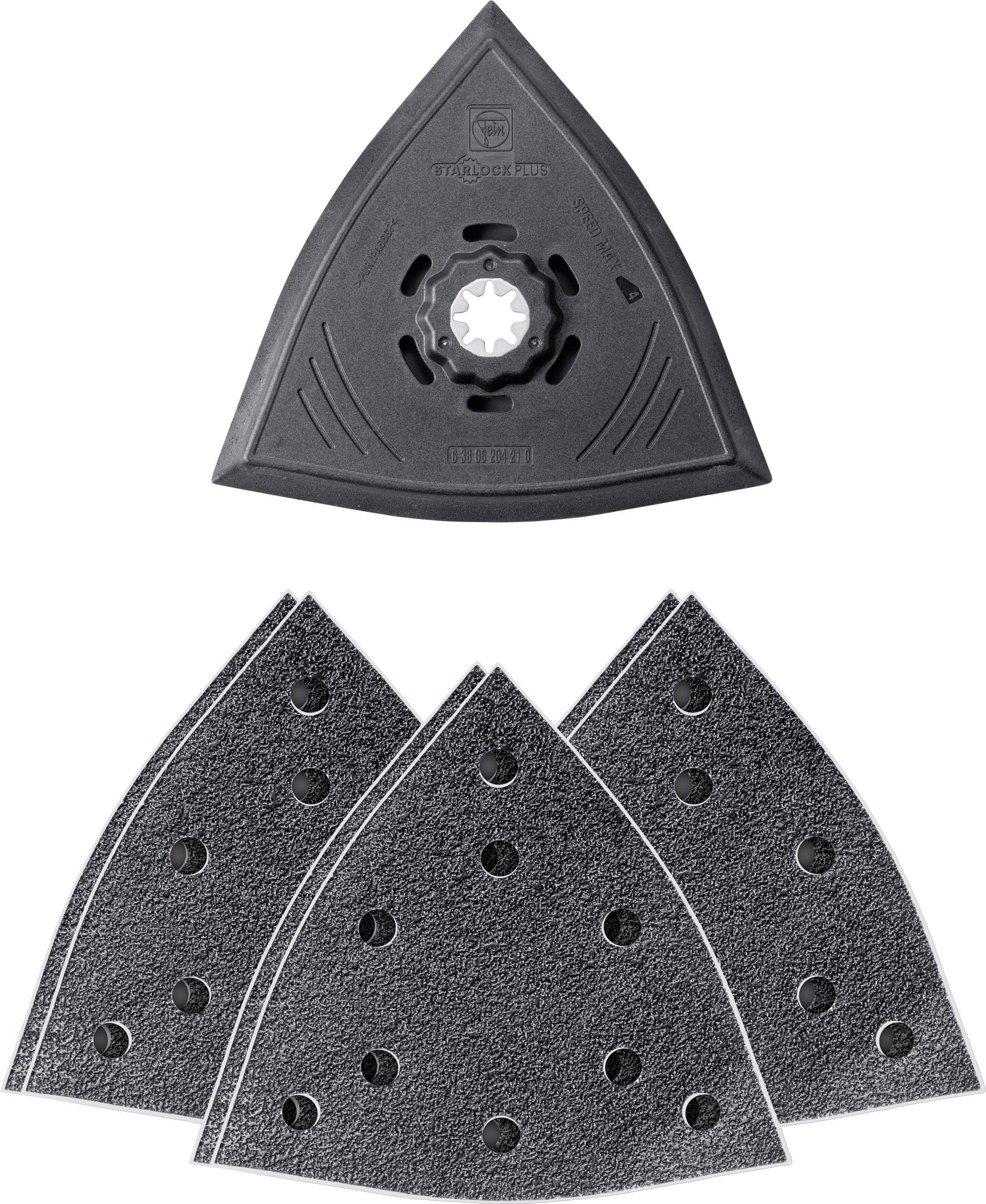 Slibetilbehør og slibepapir i trekantsform, velegnet til detaljeret slibning på træ- eller metaloverflader.