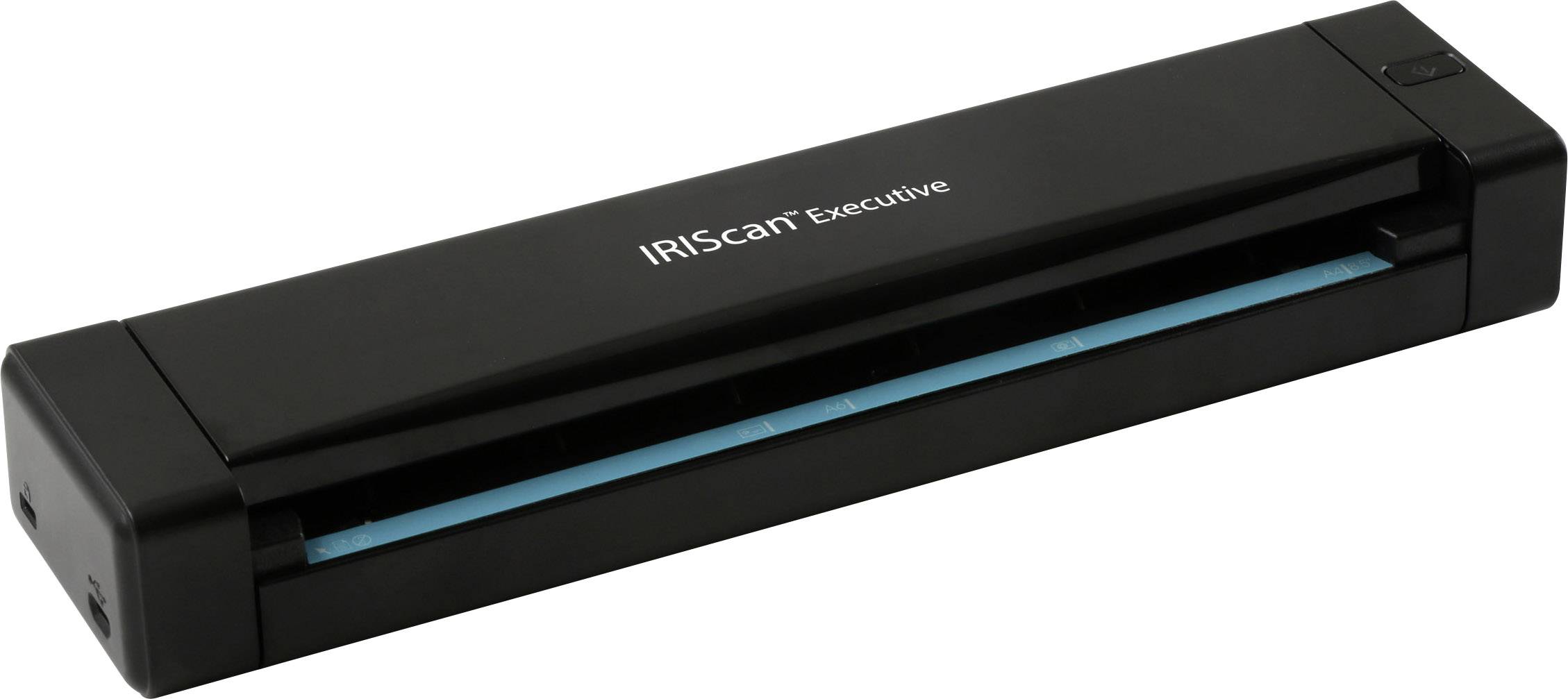 En bærbar dokumentscanner i rektangulær form, sort, med påskriften 'IRIScan Executive' på oversiden.
