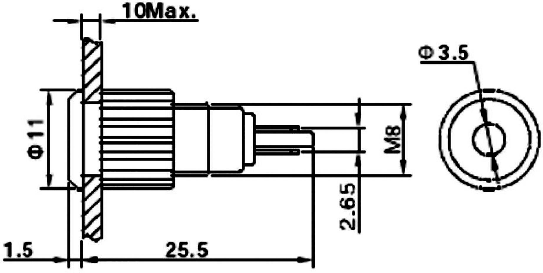 Teknisk tegning af en cylindrisk stikforbinder med detaljerede dimensionsangivelser i millimeter, herunder diameter og længde.