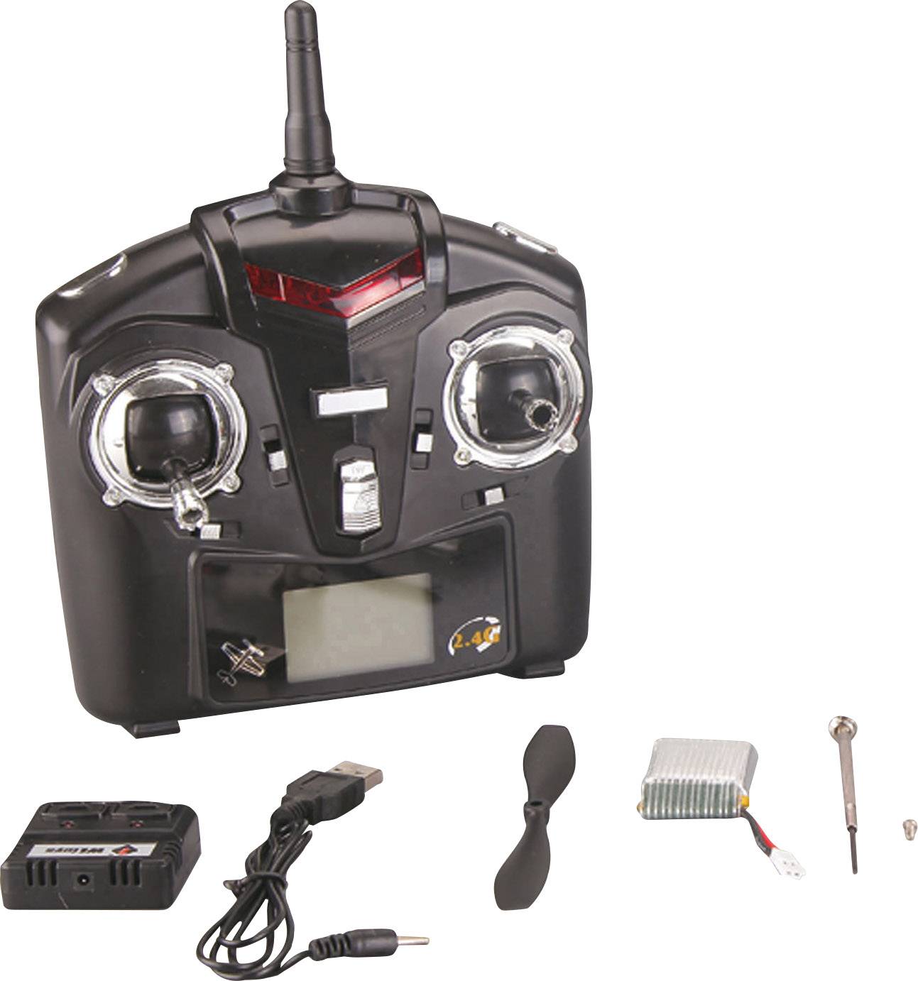 En fjernbetjening med antenne, to kontrolstænger og display. Tilbehør omfatter propeller, oplader, motordel og kabler.