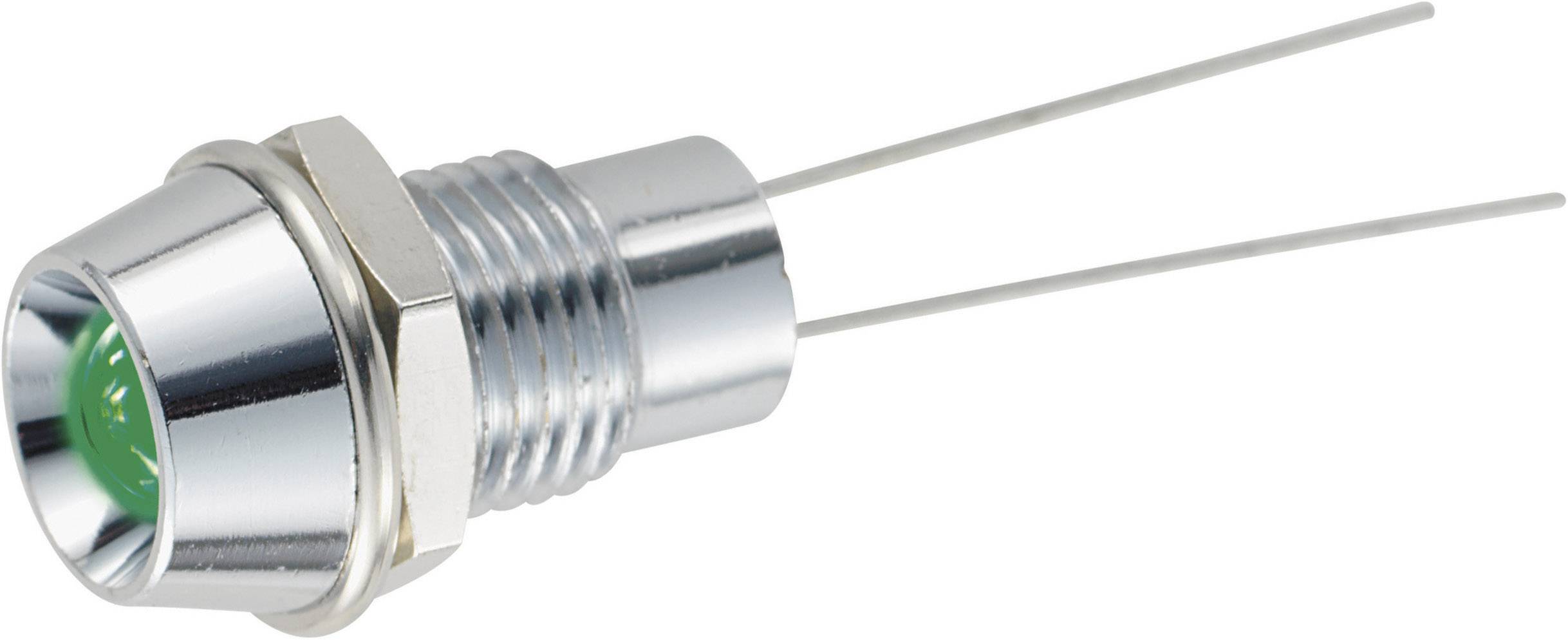 En grøn LED-indikator med metalkappe og to tilslutningsledninger. Egnet til elektroniske applikationer til statusvisning.