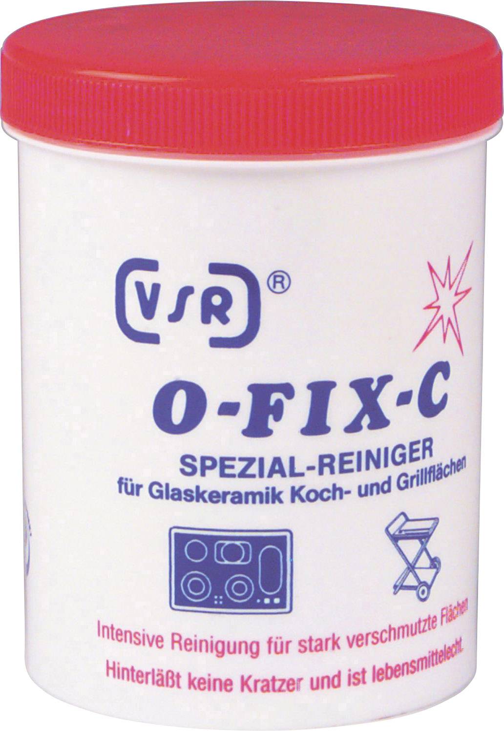 Rensekande med rødt låg, påskrift: 'O-FIX-C SPECIAL-RENGØRINGSMIDDEL til glaskeramiske kogeplader og grillflader.'