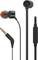 Sorte in-ear høretelefoner med fladkabel og 3,5mm jackstik, integreret fjernbetjening og mikrofon, orange ørepropper.