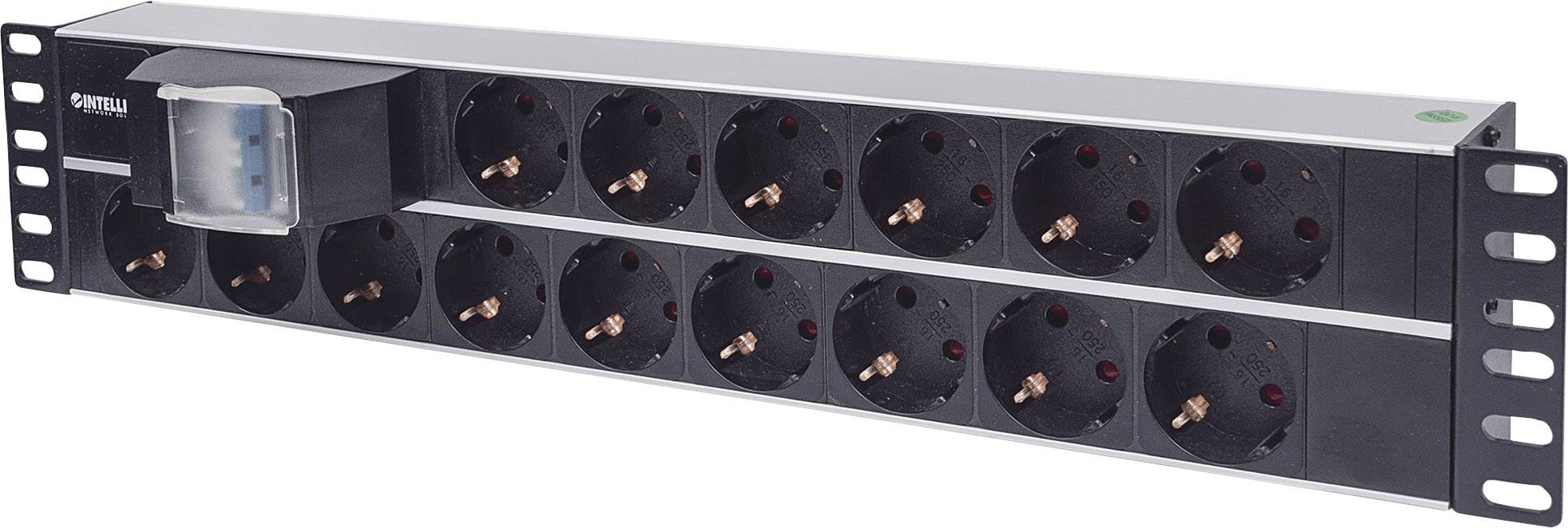 Sort 19-tommers strømfordelerpanel med 12 udtag og en vippeafbryder, egnet til brug i IT-racks og serverrum.