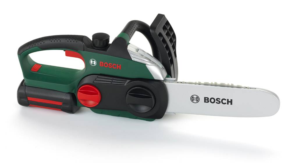 En Bosch-kædesav med grønt og sort greb, en rød kontakt og et hvidt sværd ligger på en hvid baggrund.