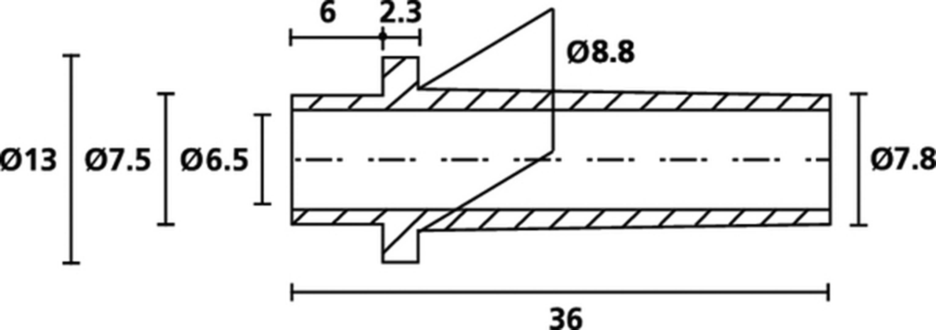 Teknisk tegning af en cylindrisk del med diametre: 13, 7.5, 7.8, 8.8 mm; længder: 36, 6.5, 6, 2.3 mm.