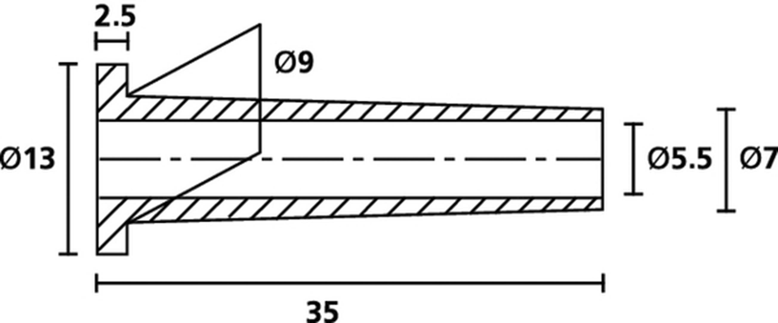 Teknisk tegning af en konisk metalkomponent. Forrest Ø13 mm, bagest Ø5,5 mm. Længde 35 mm. Mål angivet i millimeter.