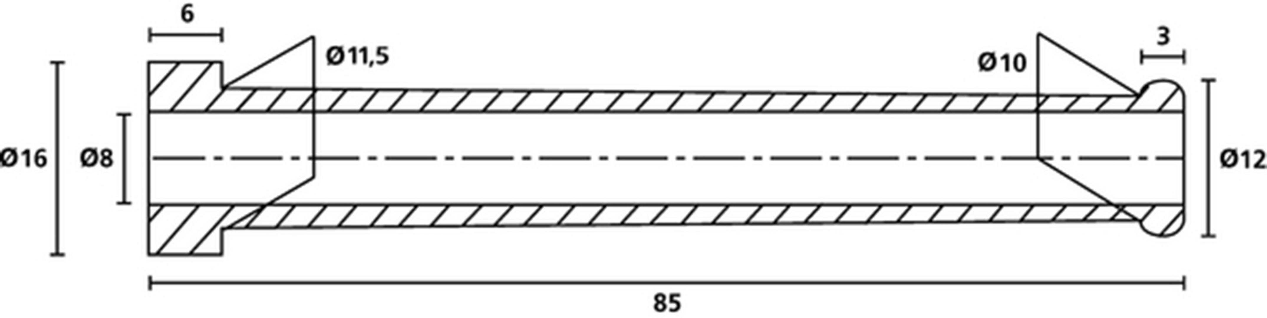 Teknisk tegning af et cylindrisk rørstykke med diameterangivelser: udvendig diameter 16 mm, indvendig diameter 8 mm, længde 85 mm, endeligt tværsnitsdiameter 12 mm.