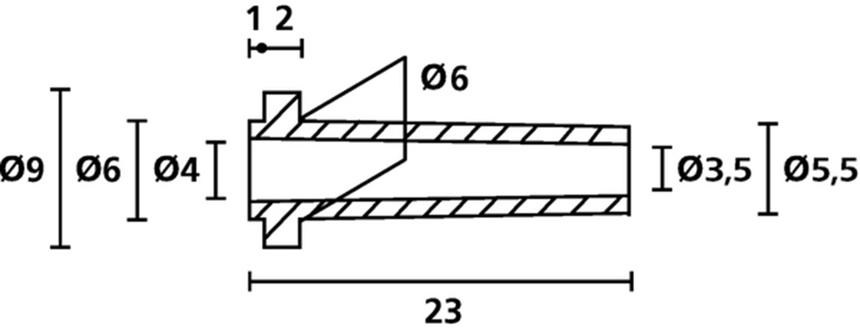 Teknisk tegning af en bolt med mål: Samlet længde 23 mm, diameter 9 mm, forreste diameter 6 mm, bageste diameter 4 mm.