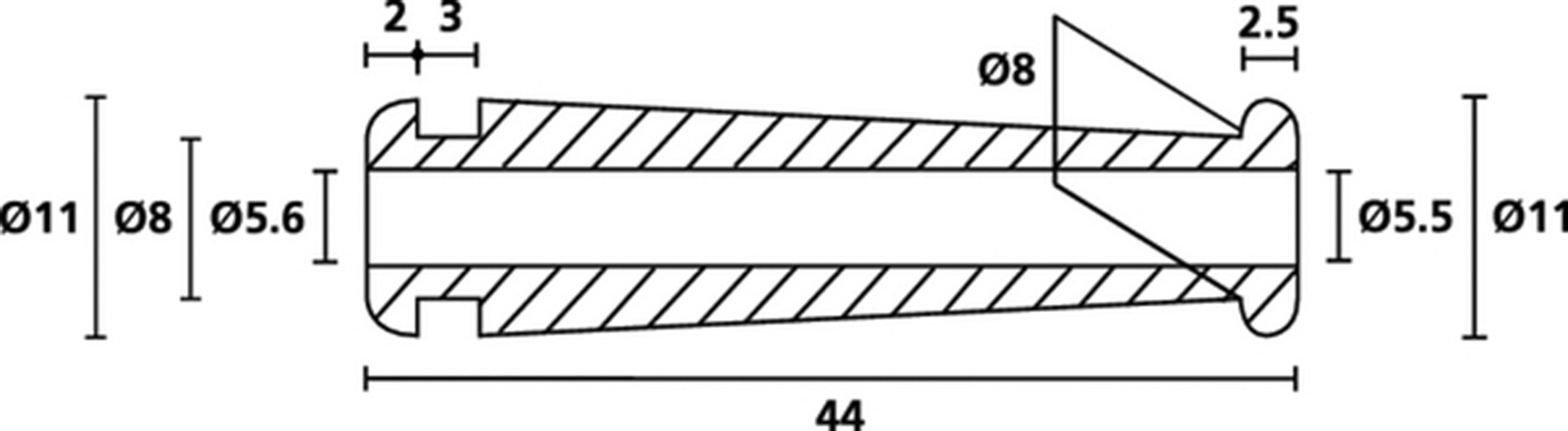 Teknisk tegning af en konisk komponent. Ydre mål: Længde 44 mm, diameter 11 mm. Indvendige mål: Indvendig diameter 8 mm, endestykker 5,5 og 5,6 mm.