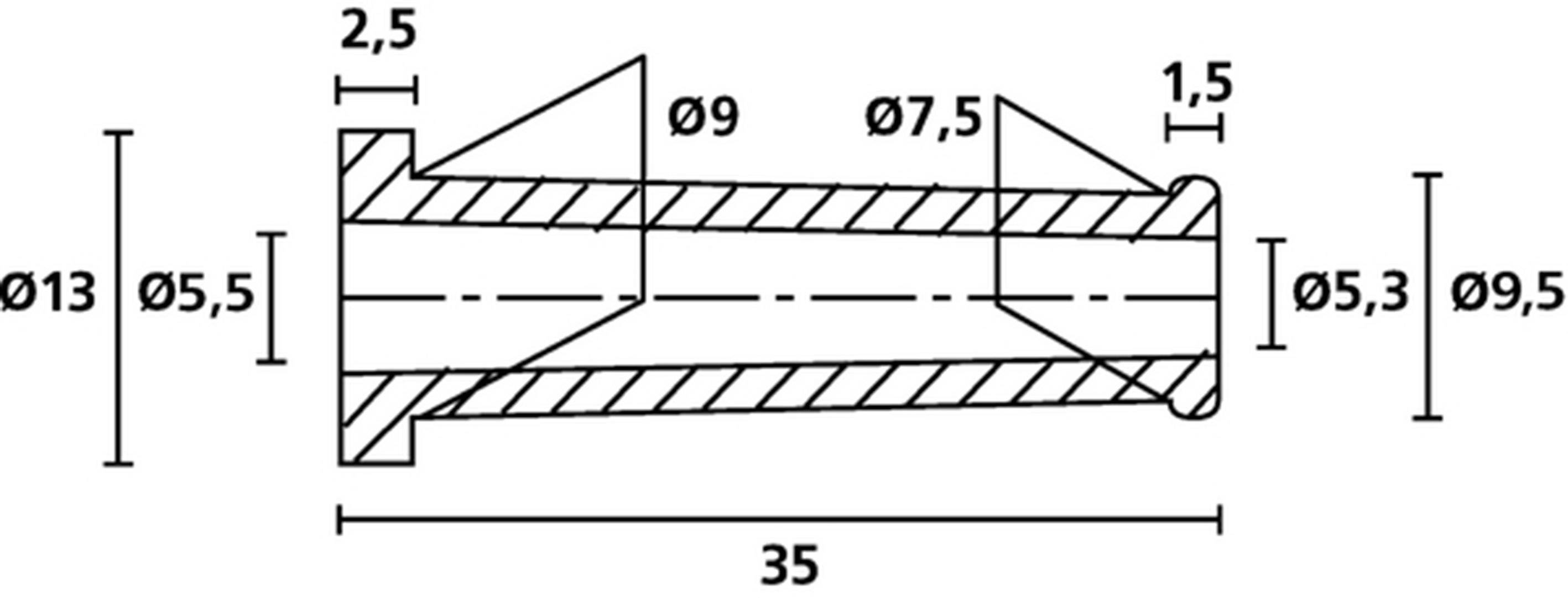 Teknisk tegning af en cylindrisk komponent med mål: Længde 35, ydre diameter 13, indre diameter 5,5. Yderligere detaljemål angivet.