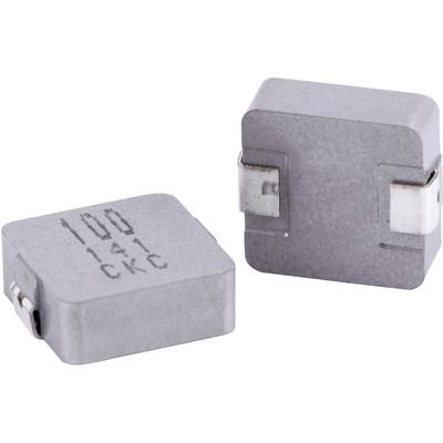 To elektroniske sølvfarvede komponenter med firkantet form og små metalforbindelser på siderne, hvoraf den ene er mærket '100 141 CKC'.
