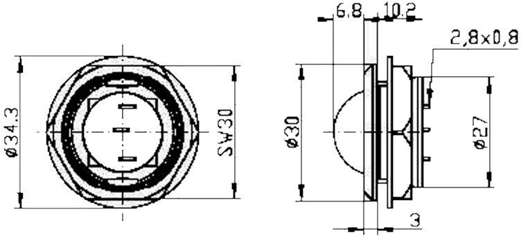 Teknisk tegning med to visninger af en rund komponent med dimensioner. Venstre: Frontvisning (diameter 34,3 mm). Højre: Sidevisning (diameter 30 mm, dybde 10,2 mm).