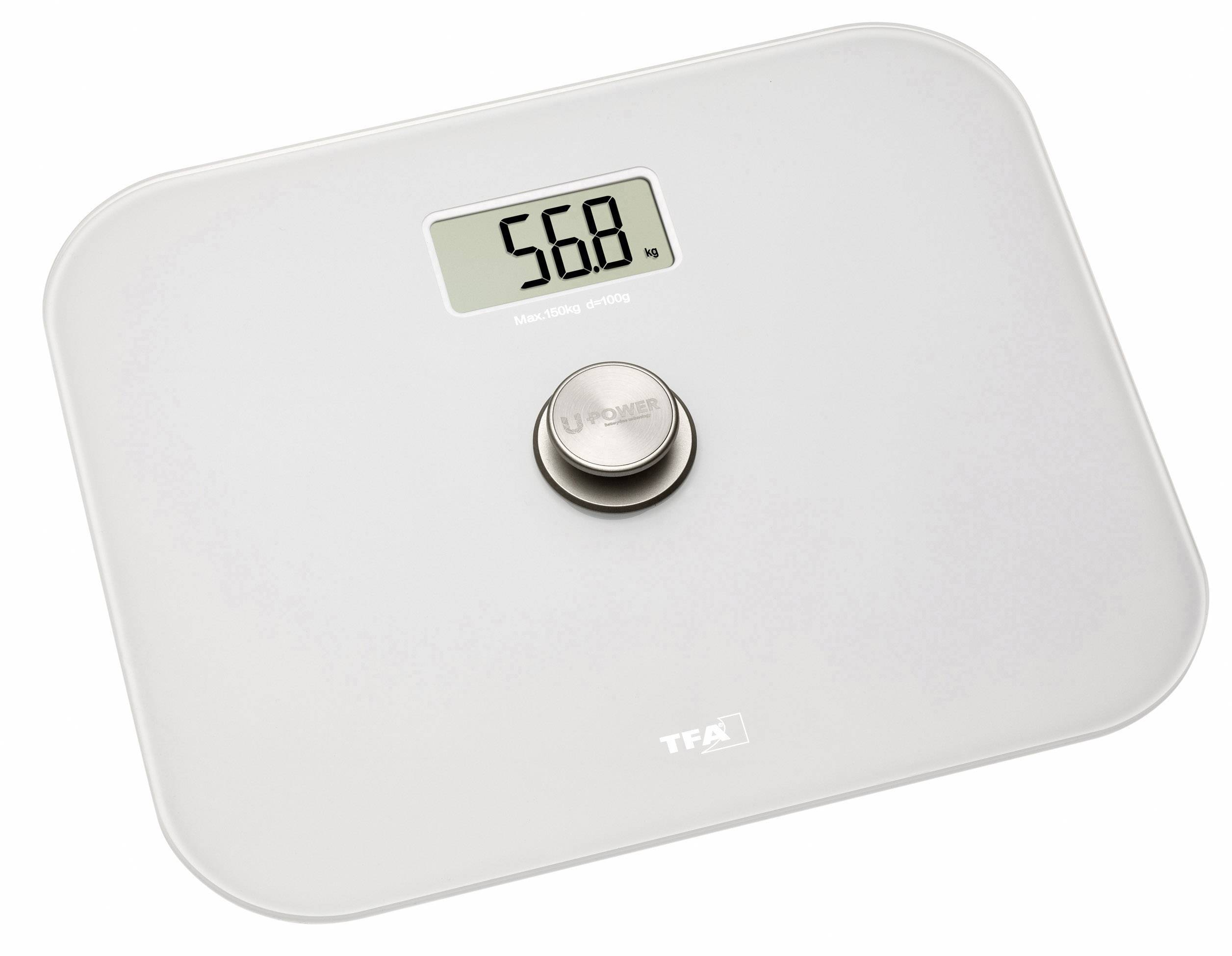 Digital vægt med display '56,8 kg' og 'max 180 kg/400 lb'. Hovedafbryder i midten.