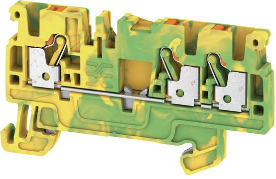 En tokernet gul-grøn elektrisk klemmeblok med metalcontakter til ledningsføring i industrielle applikationer.