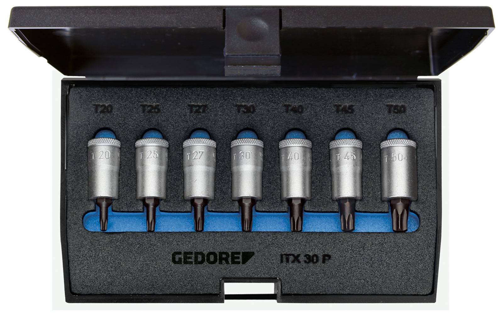 Sæt Torx-bits i en åben, sort boks. Syv bits, nummereret fra T20 til T50, på en blå skumunderlag. Mærke: GEDORE ITX 30 P.