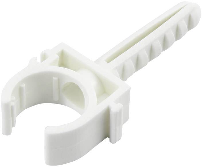 Hvid plastikrørclips med flad stang, til montering af rør på vægge eller lofter.