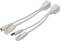 To slanke hvide Ethernet-splitterkabel med RJ45- og DC-stik, velegnede til data- og strømoverførsel i netværk.