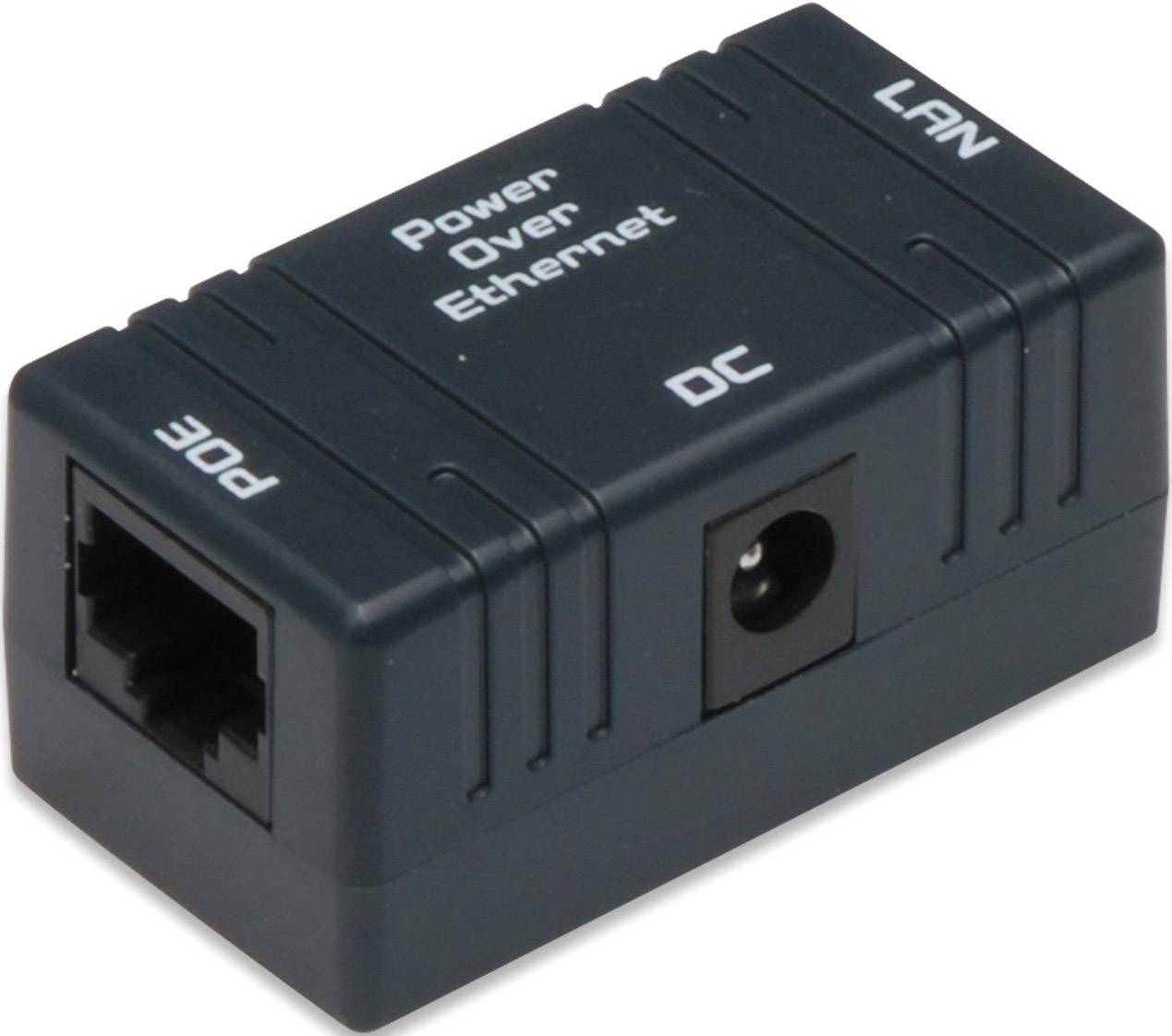 En sort PoE-injektor med 'Power Over Ethernet', 'LAN', 'POE' og 'DC' som mærkater på oversiden.