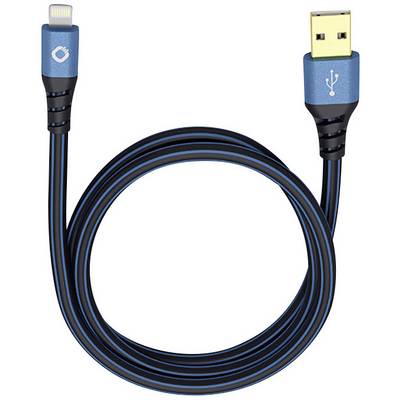 Blåt USB-til-Lightning-kabel, rullet op. Bruges til at forbinde enheder som iPhones med computere eller opladere.