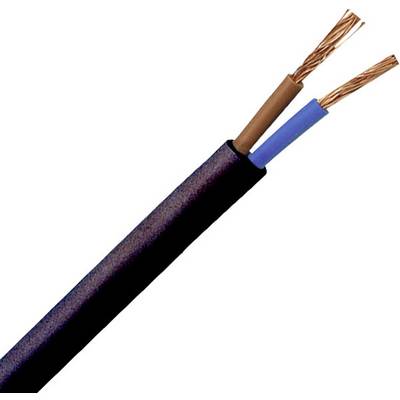 Et åbent elektrisk kabel med to kobberledere, en brun og en blå, stikker ud af en sort isolering.