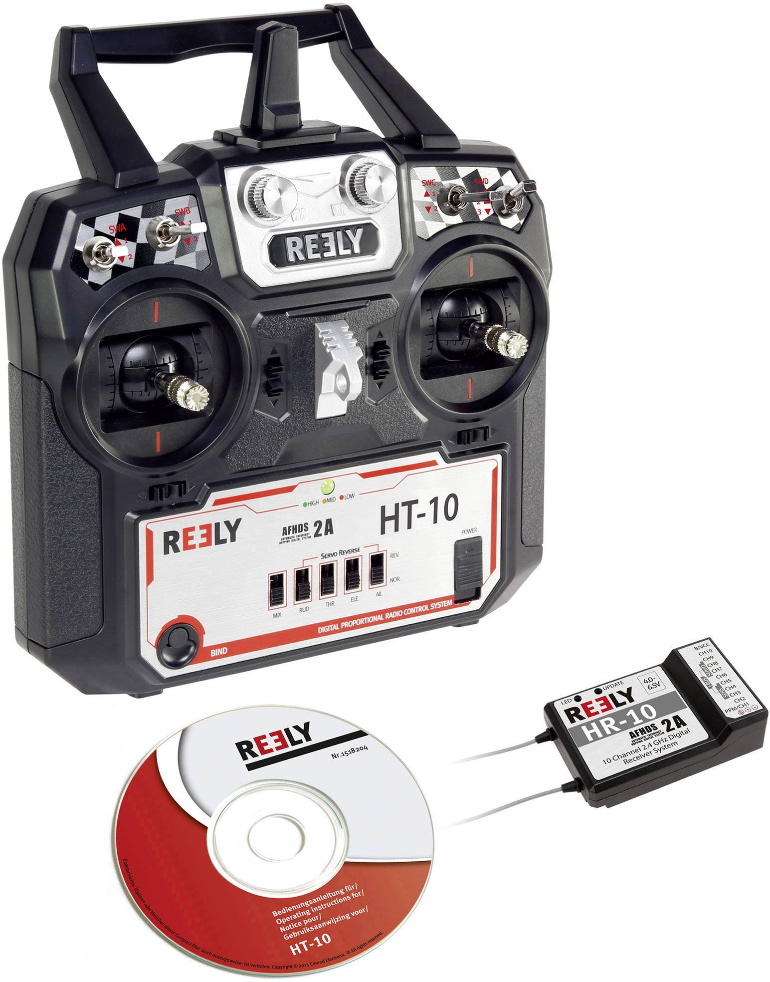 Fjernbetjening med to joysticks og knapper, mærke 'REELY', model HT-10. Inklusiv CD og modtager, egnet til modelfly.