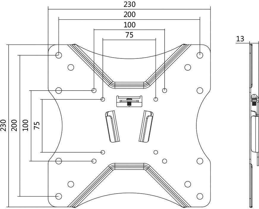 Teknisk tegning af en VESA-beslag med dimensioner: 230x230 mm med monteringshuller placeret i 75 mm og 100 mm afstand. Profilvisning viser 13 mm tykkelse.