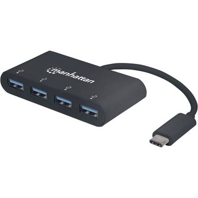 En sort USB-hub fra mærket 'Manhattan' med fire USB-porte og et USB-C-kabel.