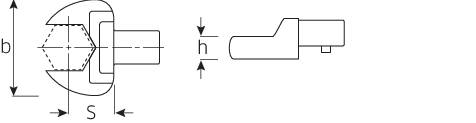 Teknisk tegning af en spændehævarm med L-profil, viser dimensionerne: bredde (b), længde (s) og højde (h) for de enkelte dele.