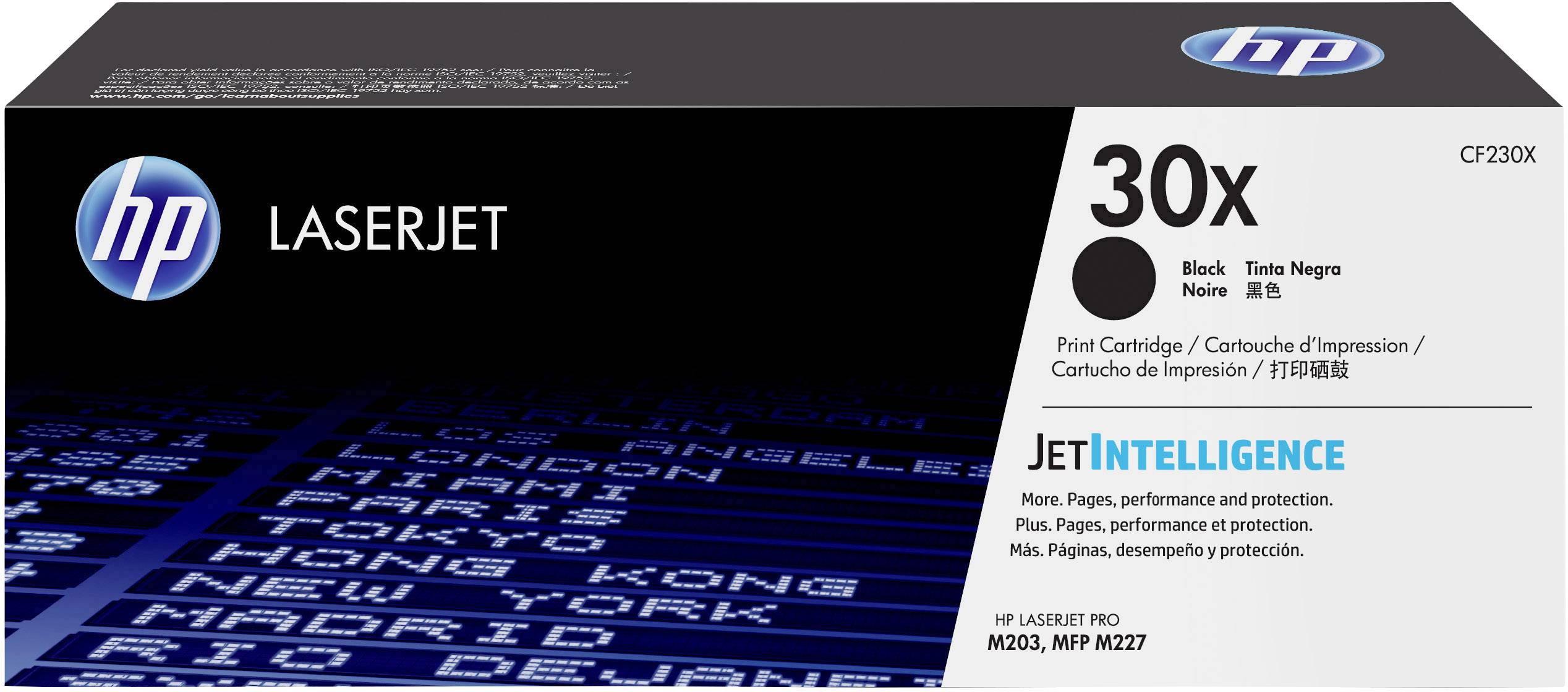 HP LaserJet printerpatron med '30X Sort' påskrift. Indeholder oplysninger om kompatibilitet og udskrivningsydelse.