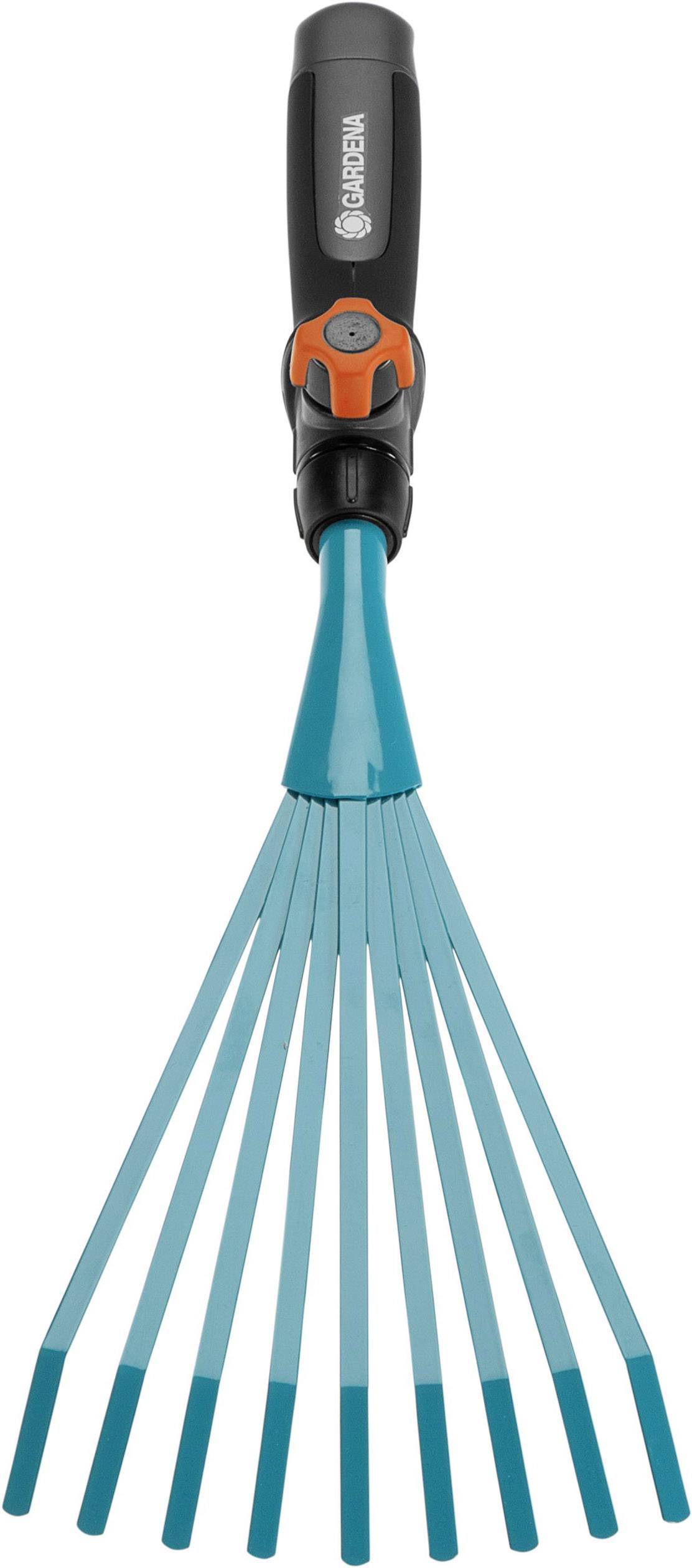 Haveredskab med blåt hoved og sort greb til havearbejde med orange accentdetaljer.