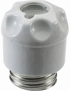 En hvid adapter med en E27-skruefatning. Den har en rund åbning øverst til at holde en pære eller andet tilbehør.