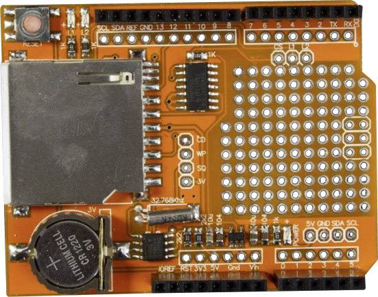Et SD-kort-udvidelsesmodul til mikrocontrollere. Viser forbindelser til dataoverførsel og strømforsyning. Udviklet til prototyping.