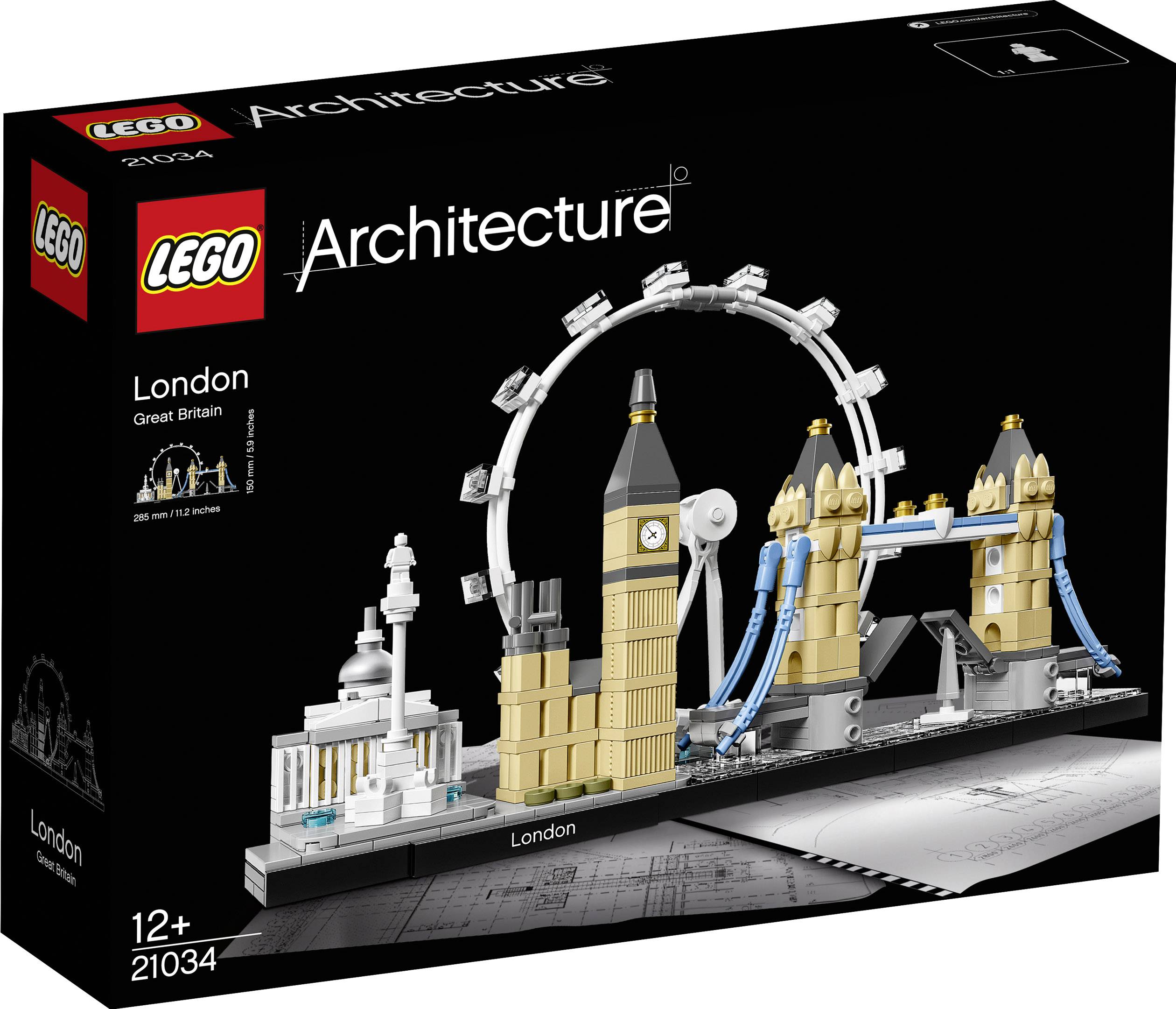 LEGO Architecture-sæt med London vartegn: London Eye, Big Ben, Tower Bridge; sort emballage med billede af de samlede modeller.