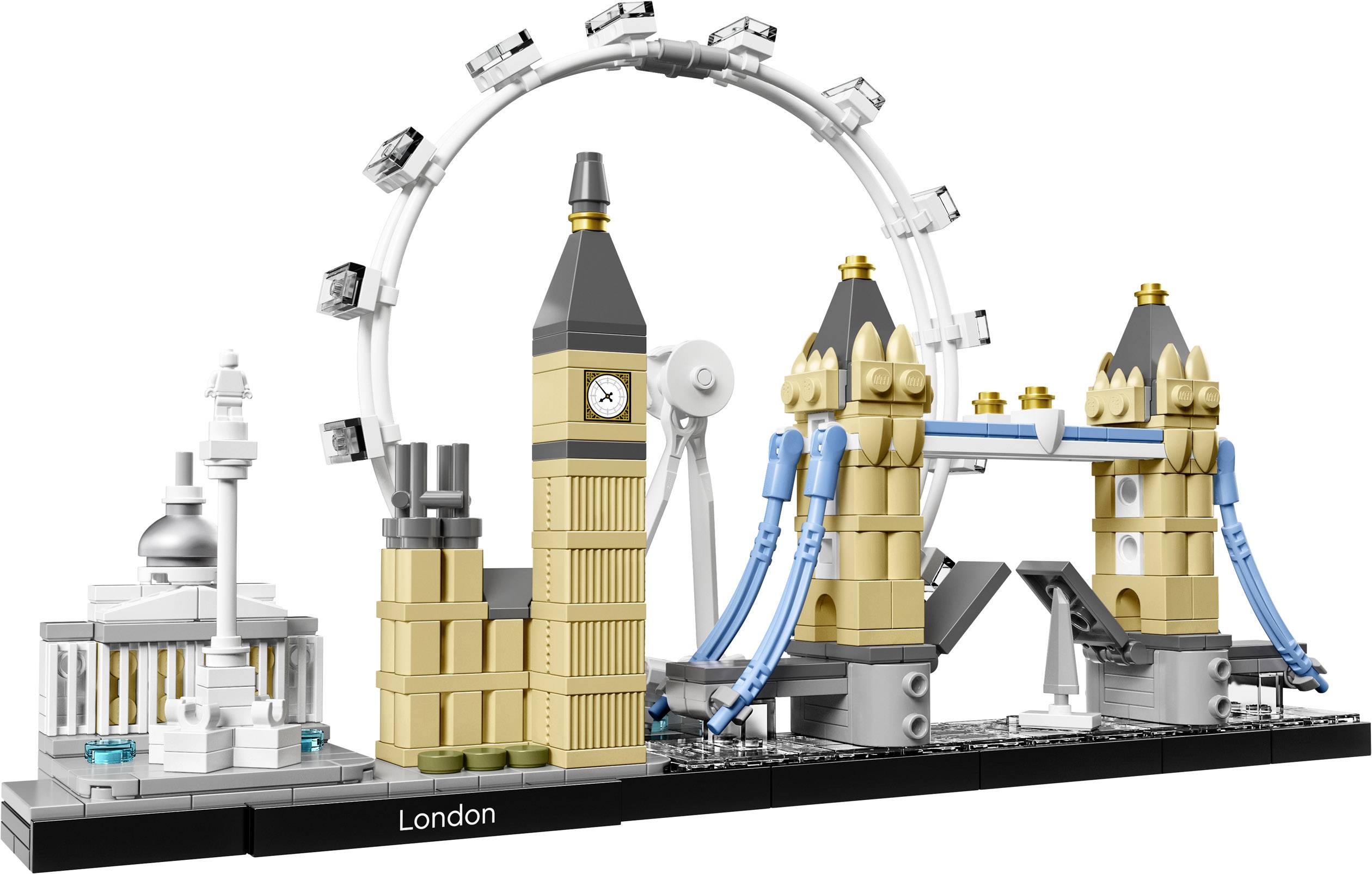 LEGO-model med London seværdigheder: Big Ben, Tower Bridge, London Eye og flere bygninger, fremstillet i miniatureformat.