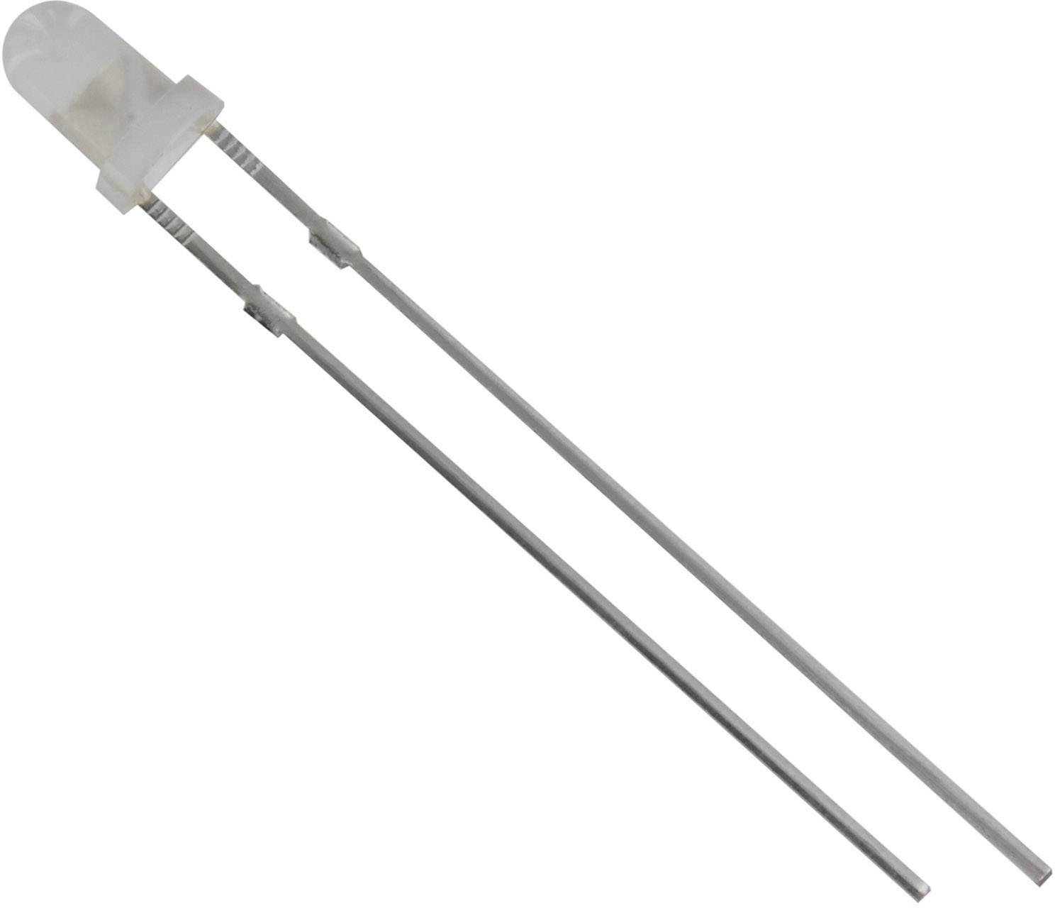 En enkelt hvid LED med to lange metalben på hvid baggrund. LED'en har et rundt, gennemsigtigt hoved.