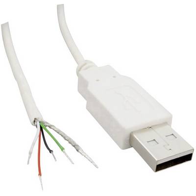 USB-kabel med blottede ledninger: rød, sort, grøn, hvid. Stikket er et USB-A-stik.