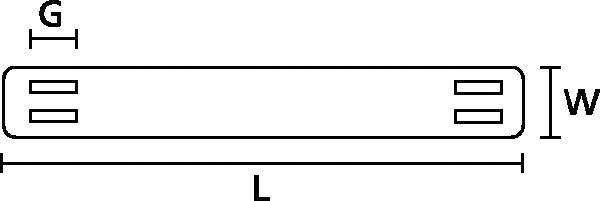 Teknisk tegning af et rektangulært objekt med mærkningerne 'G', 'L' og 'W' til angivelse af dimensioner.