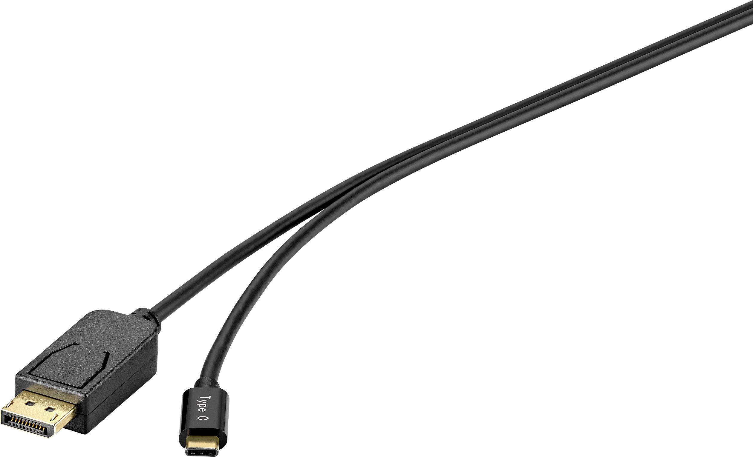 Et kabel med to stik: en stor DisplayPort-stik og en lille USB-C-stik. Ideelt til forbindelser mellem enheder.