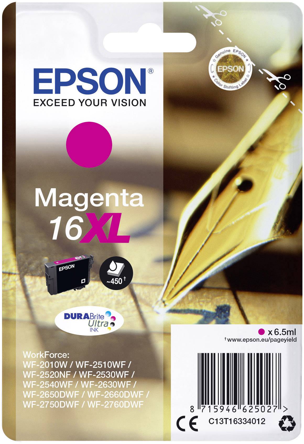 Emballage til en Epson 16XL Magenta blækpatron. Indeholder 6,5 ml blæk, kompatibel med forskellige Epson WF-printermodeller.