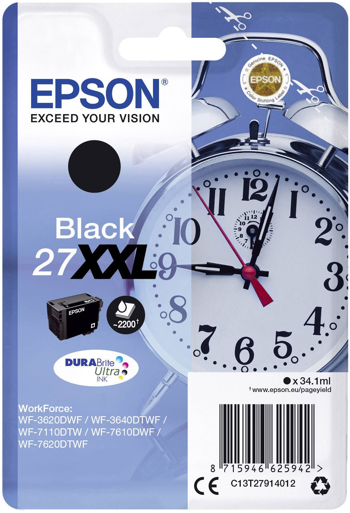 Emballage til Epson 27 XXL sort blækpatron, kompatibel med WF-3620DWF, WF-3640DTWF, WF-7110DTW, WF-7610DWF, WF-7620DTWF.