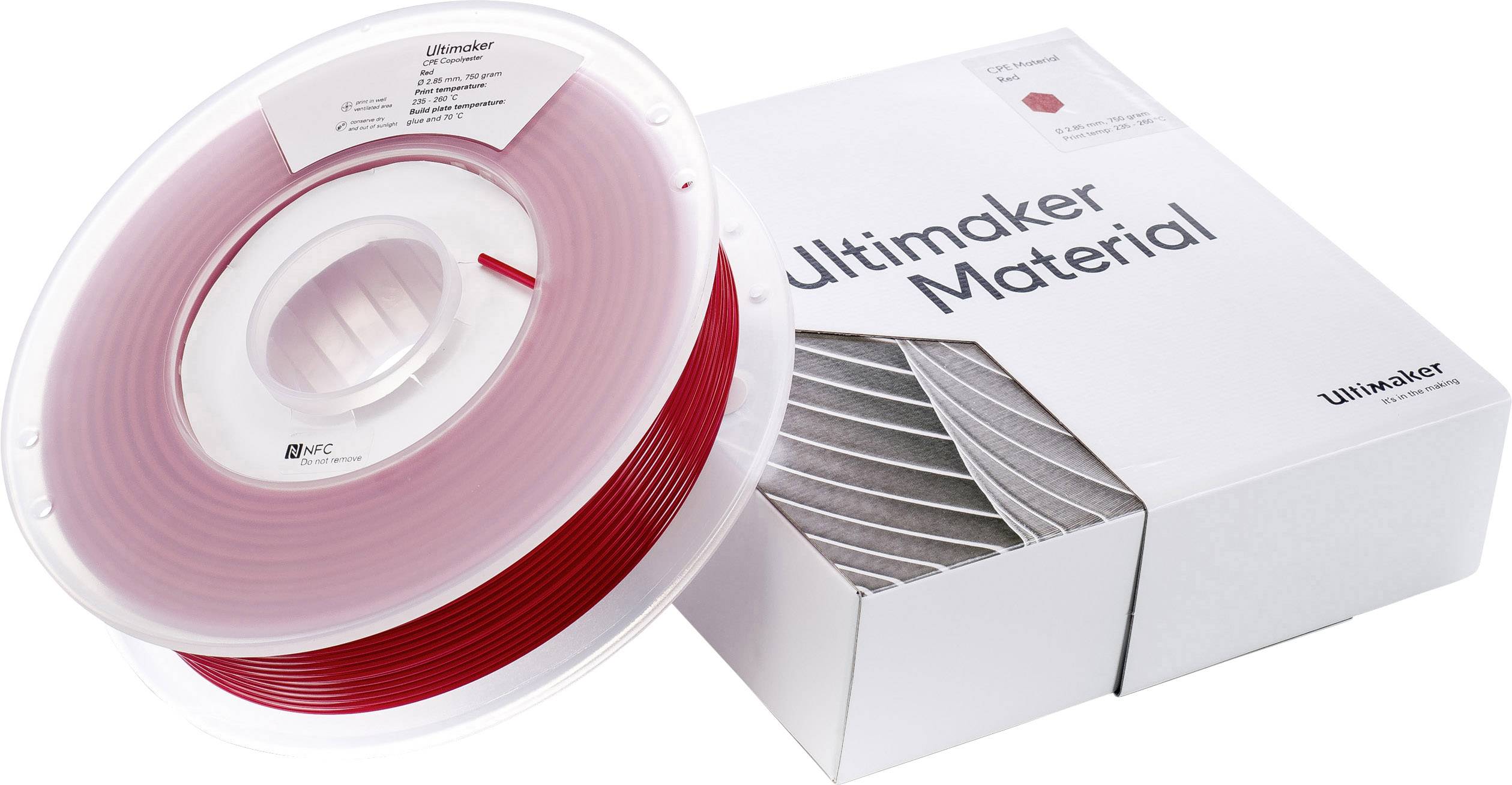 Ultimaker-filamentrullen og emballage, mærket 'PLA-filament', i rød farve.