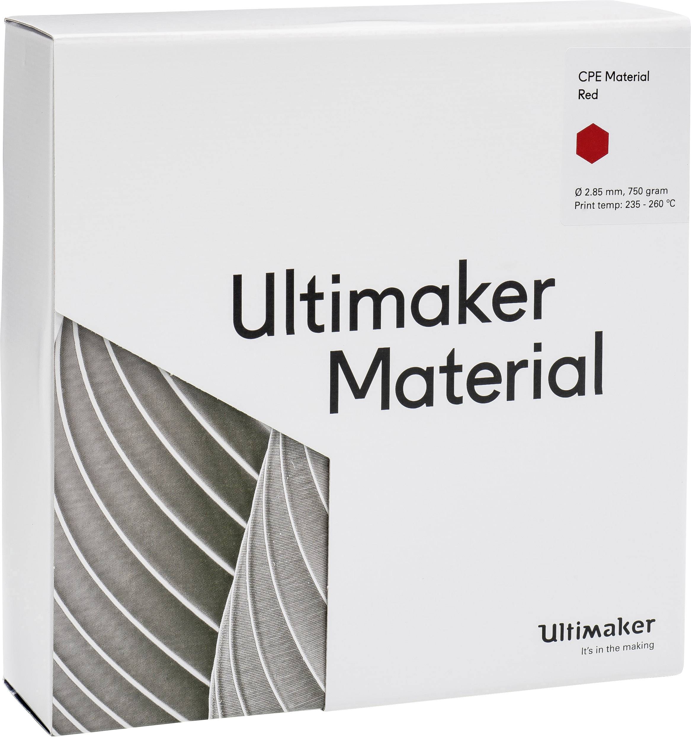 Æske mærket 'Ultimaker Material'. Indeholder CPE-materiale i rød farve, 750 gram. Printtemperatur: 235 - 260 °C.
