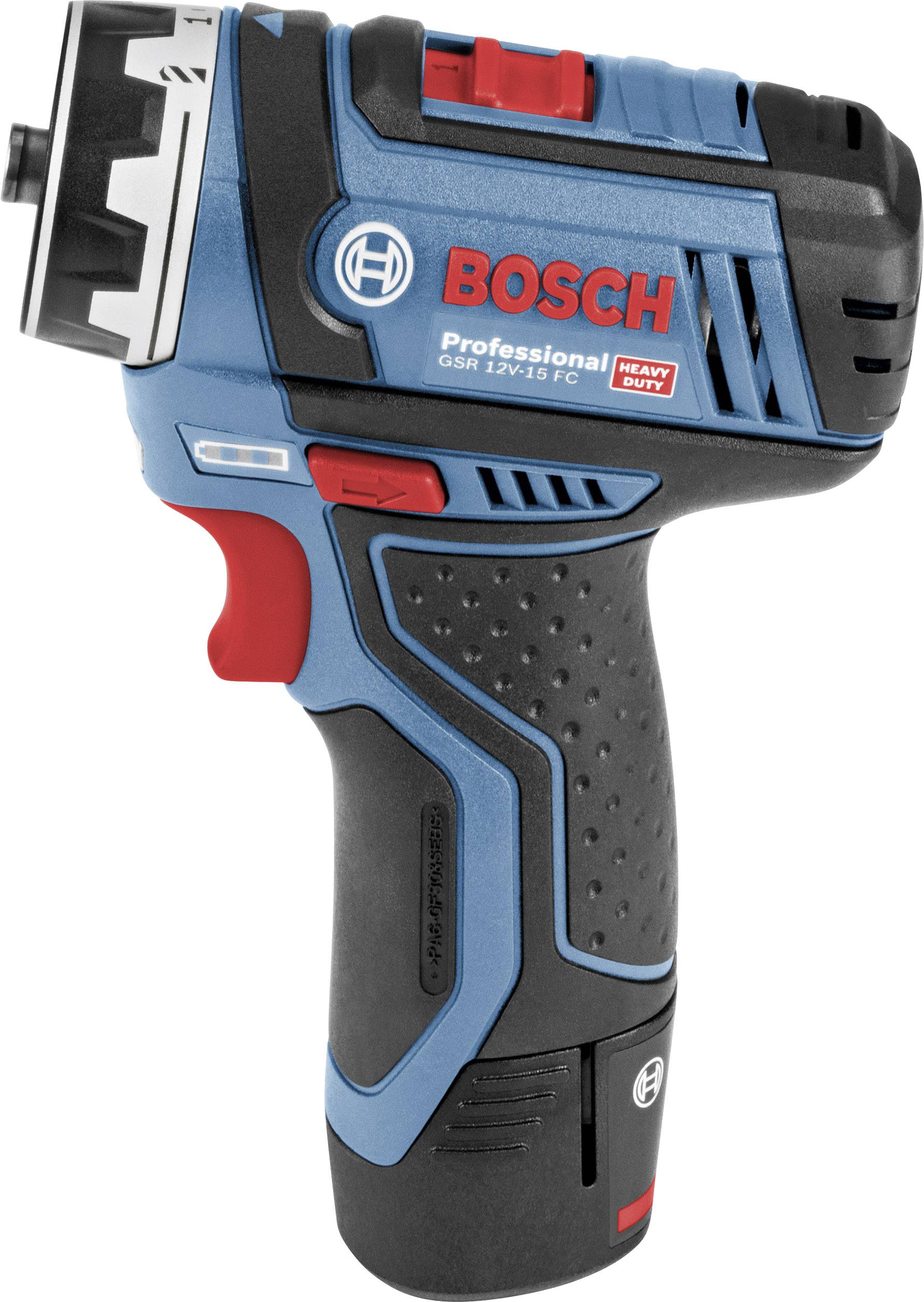 En blå og sort trådløs Bosch akku-skruemaskine med rød udløser, modelnummer GSR 12V-15 FC, egnet til professionelle anvendelser.