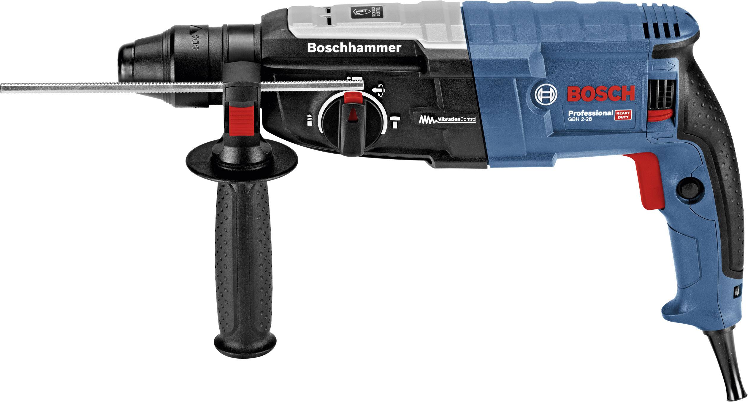En blå og sort Bosch Professional borehammer med rødt Bosch-logo og håndtag, egnet til professionelle anvendelser.