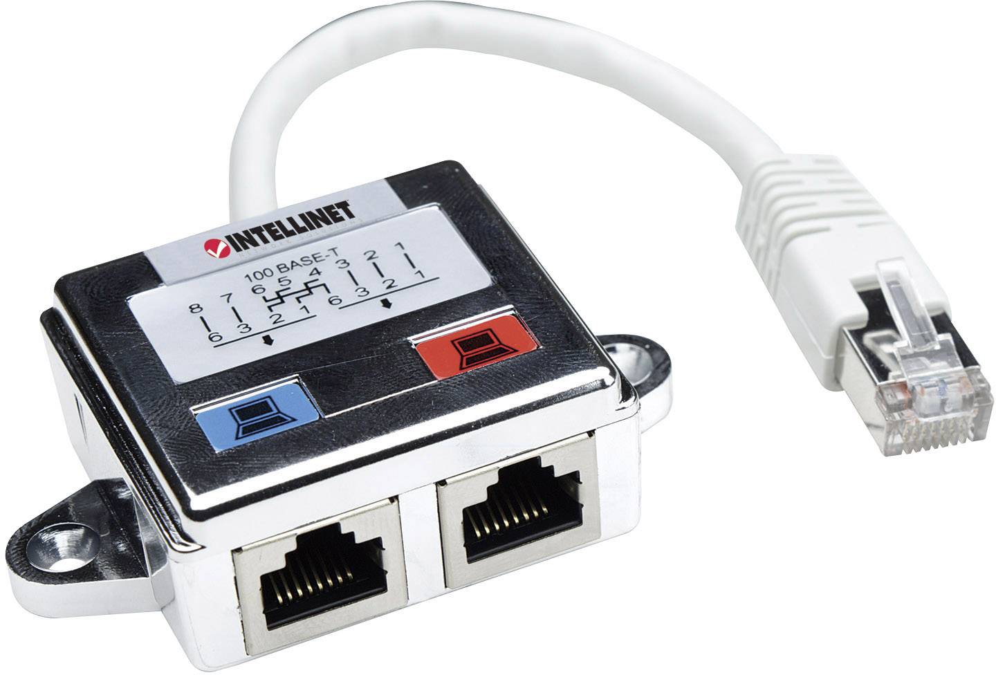 En netværksswitch med to Ethernet-porte og et påsat kabel. Switchen har markeringer for to forbindelser.