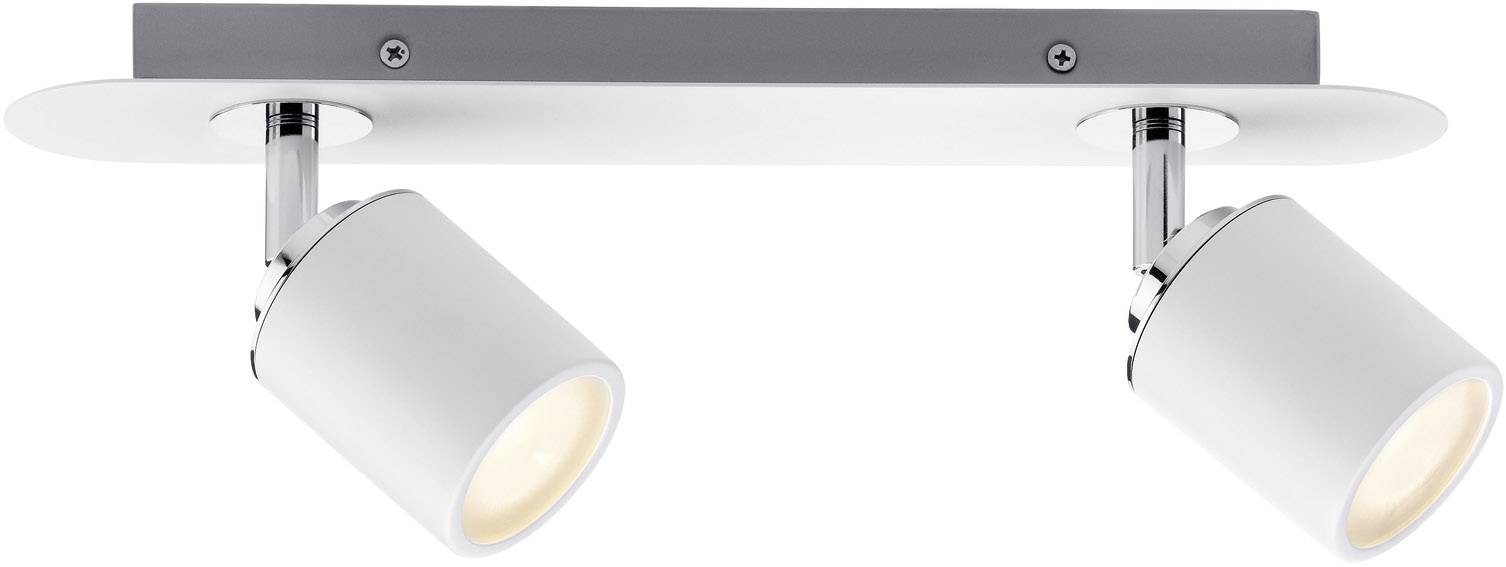 En minimalistisk hvid loftslampe med to justerbare lamper. Ideel til fokuseret indendørsbelysning.